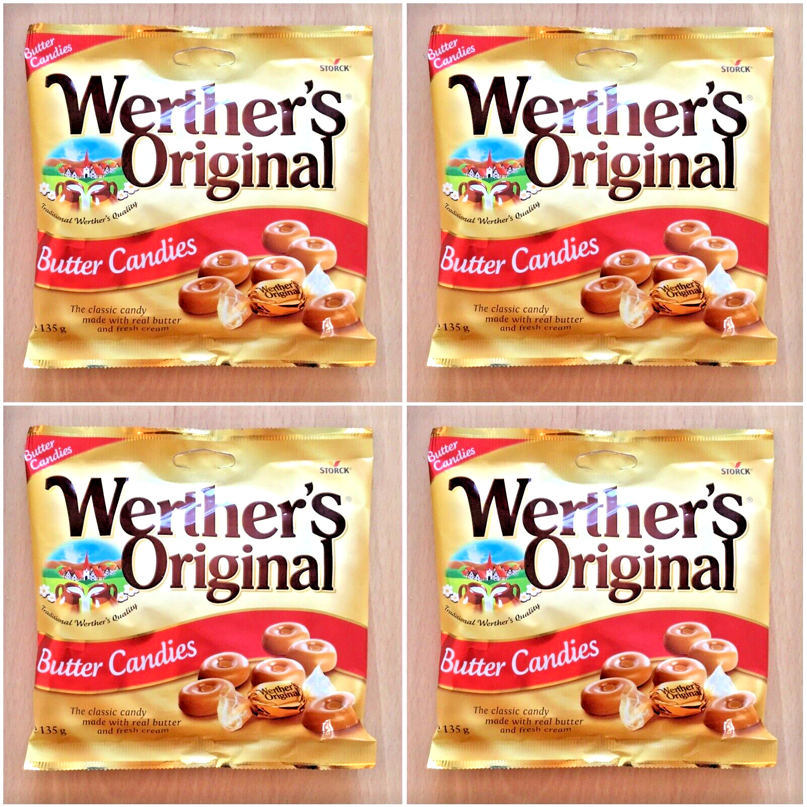 Werther's Original Butter Candies Classic  Retro Boiled Sweets - 4 x 135g Bags