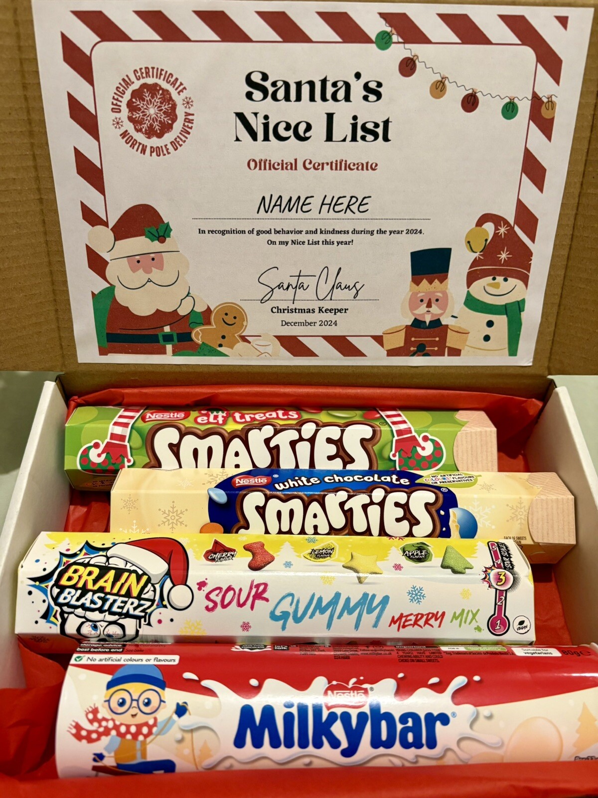 Christmas Sweets (Smarties, Sour gummy, Milkybar ) Personalised Gift Box